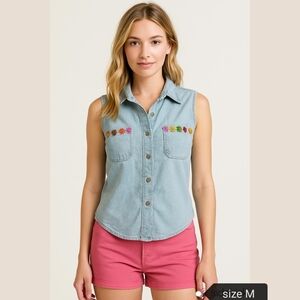 Vintage 1980s Jordache Denim Tank Top Blouse Flowers M